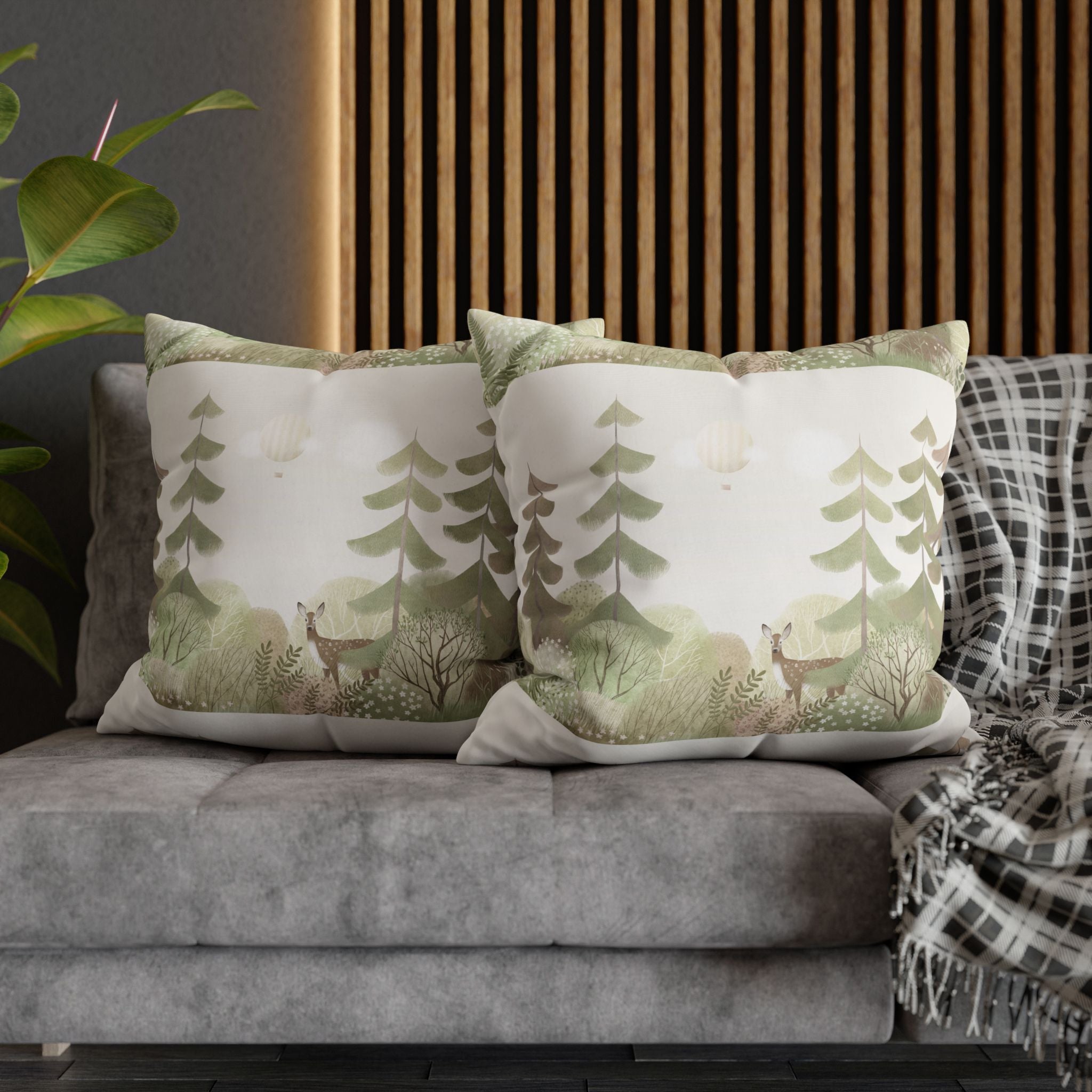 Woodland Deer Square Pillow Cover | Soft Green Forest Decorative Cushion Case for Nursery & Cabin Decor