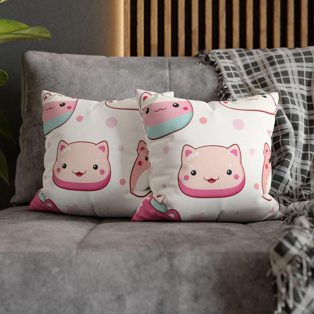 Kawaii Pink Cat & Dessert Faux Suede Pillowcase | Cute Double Sided Throw Pillow Cover for Kids Room and Nursery