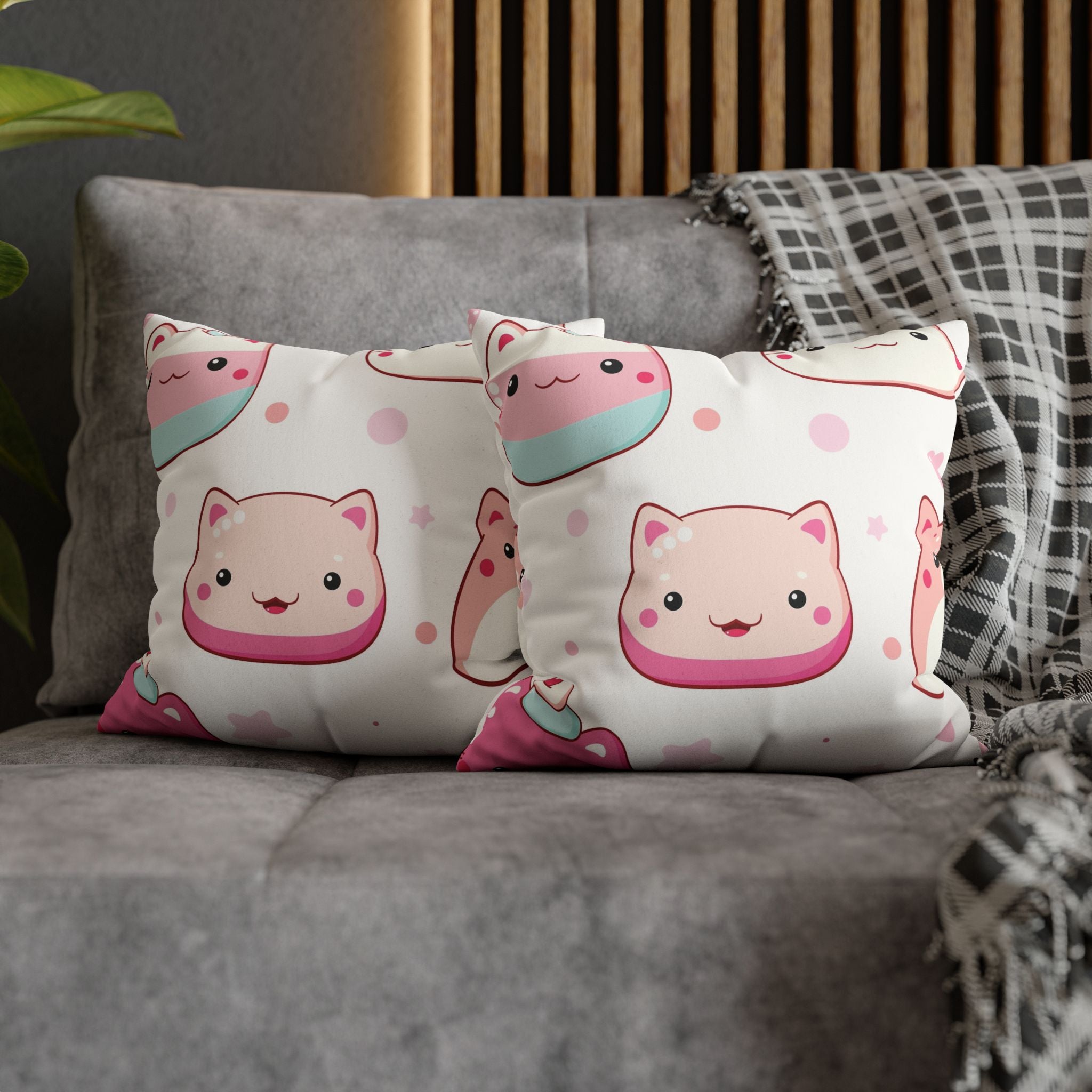 Kawaii Pink Cat & Dessert Faux Suede Pillowcase | Cute Double Sided Throw Pillow Cover for Kids Room and Nursery