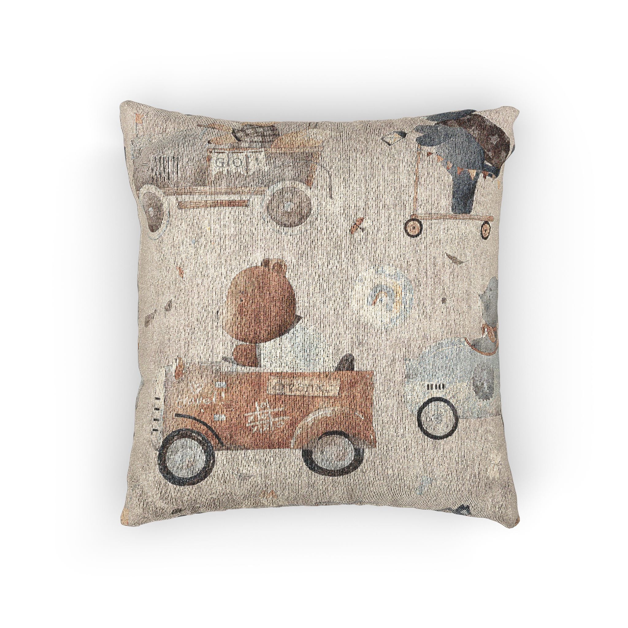 Vintage Toy Cars Woven Pillow | Rustic Kids Nursery Decorative Cushion for Baby Boy Room & Playroom Decor