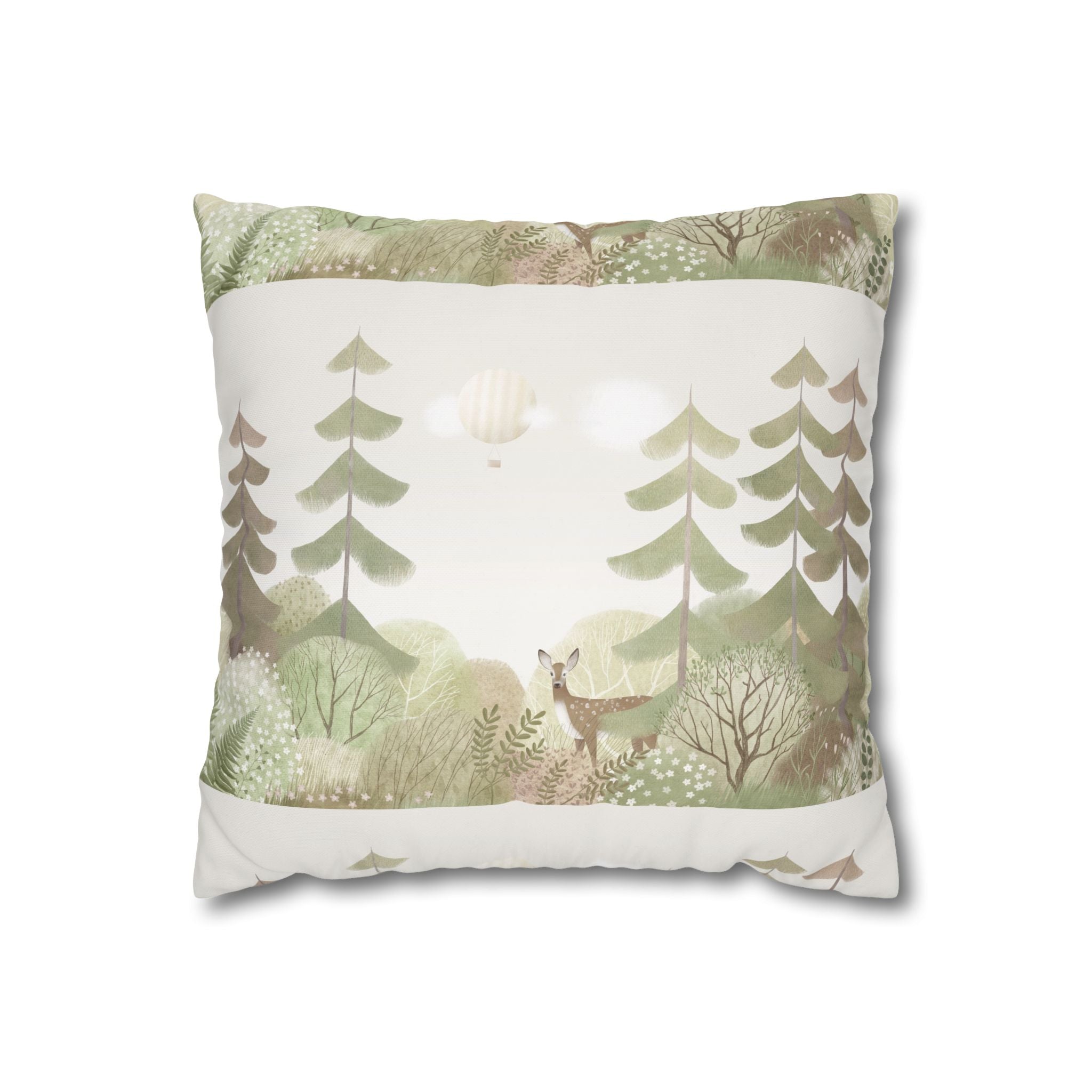 Woodland Deer Square Pillow Cover | Soft Green Forest Decorative Cushion Case for Nursery & Cabin Decor