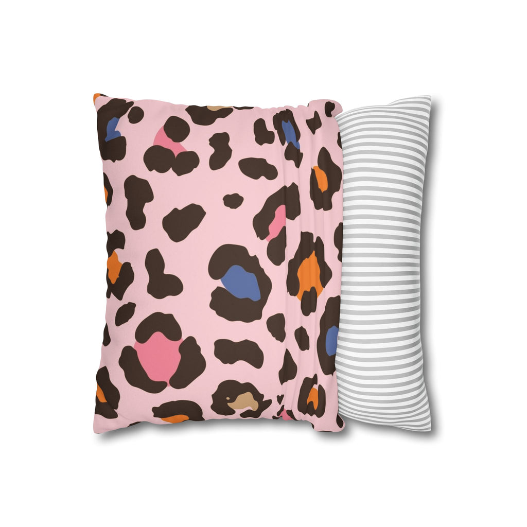 Pink Multicolor Leopard Faux Suede Pillowcase | Double-Sided Animal Print Throw Pillow Cover