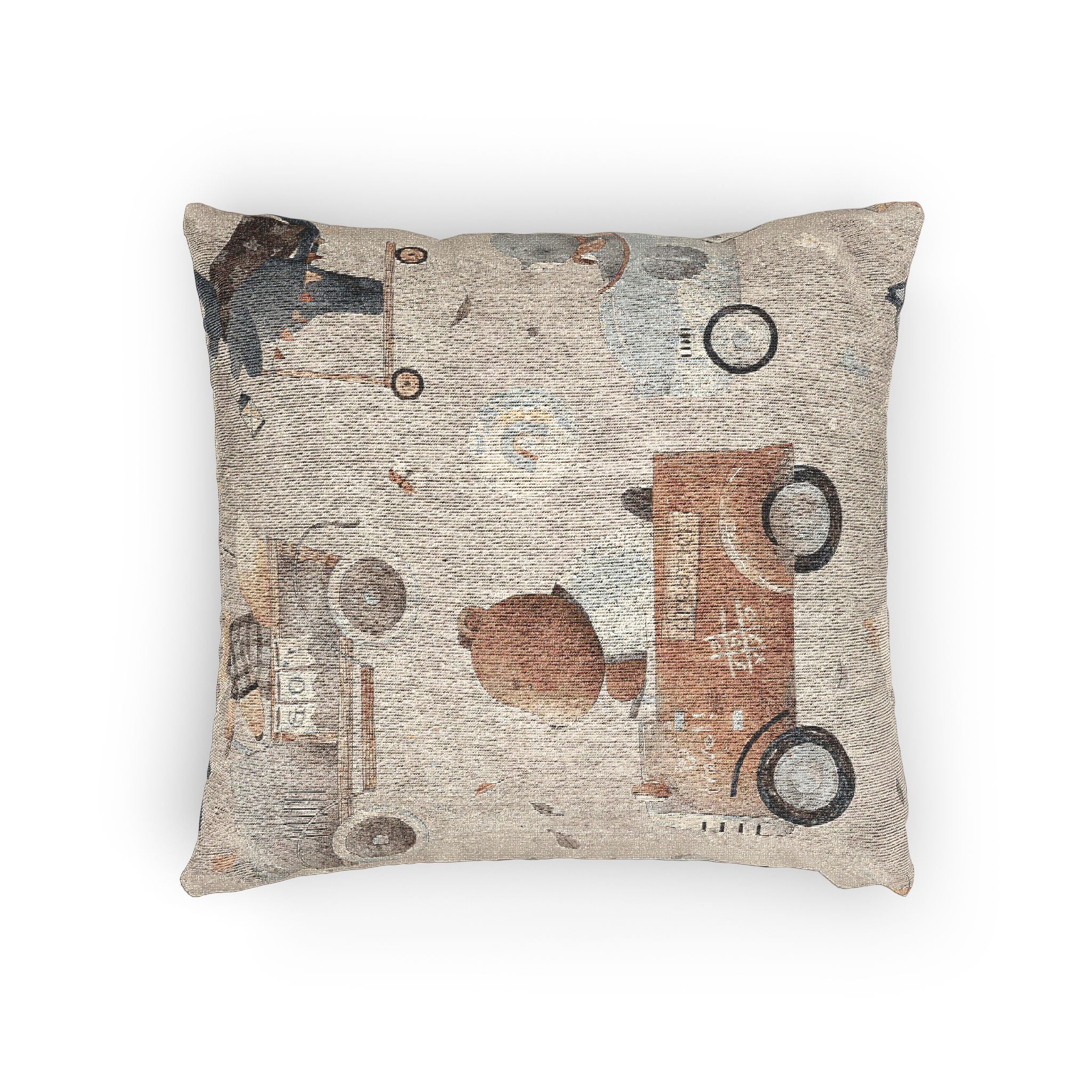Vintage Toy Cars Woven Pillow | Rustic Kids Nursery Decorative Cushion for Baby Boy Room & Playroom Decor