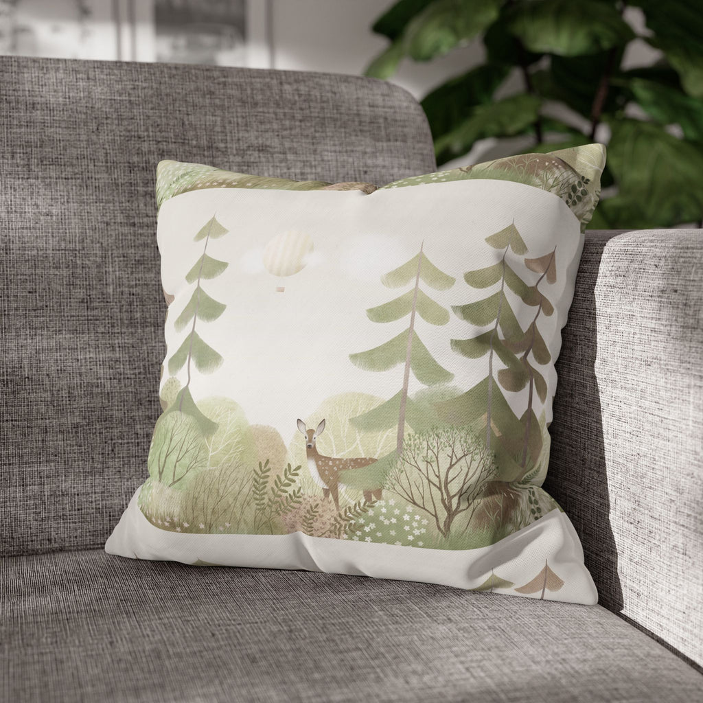 Woodland Deer Square Pillow Cover | Soft Green Forest Decorative Cushion Case for Nursery & Cabin Decor