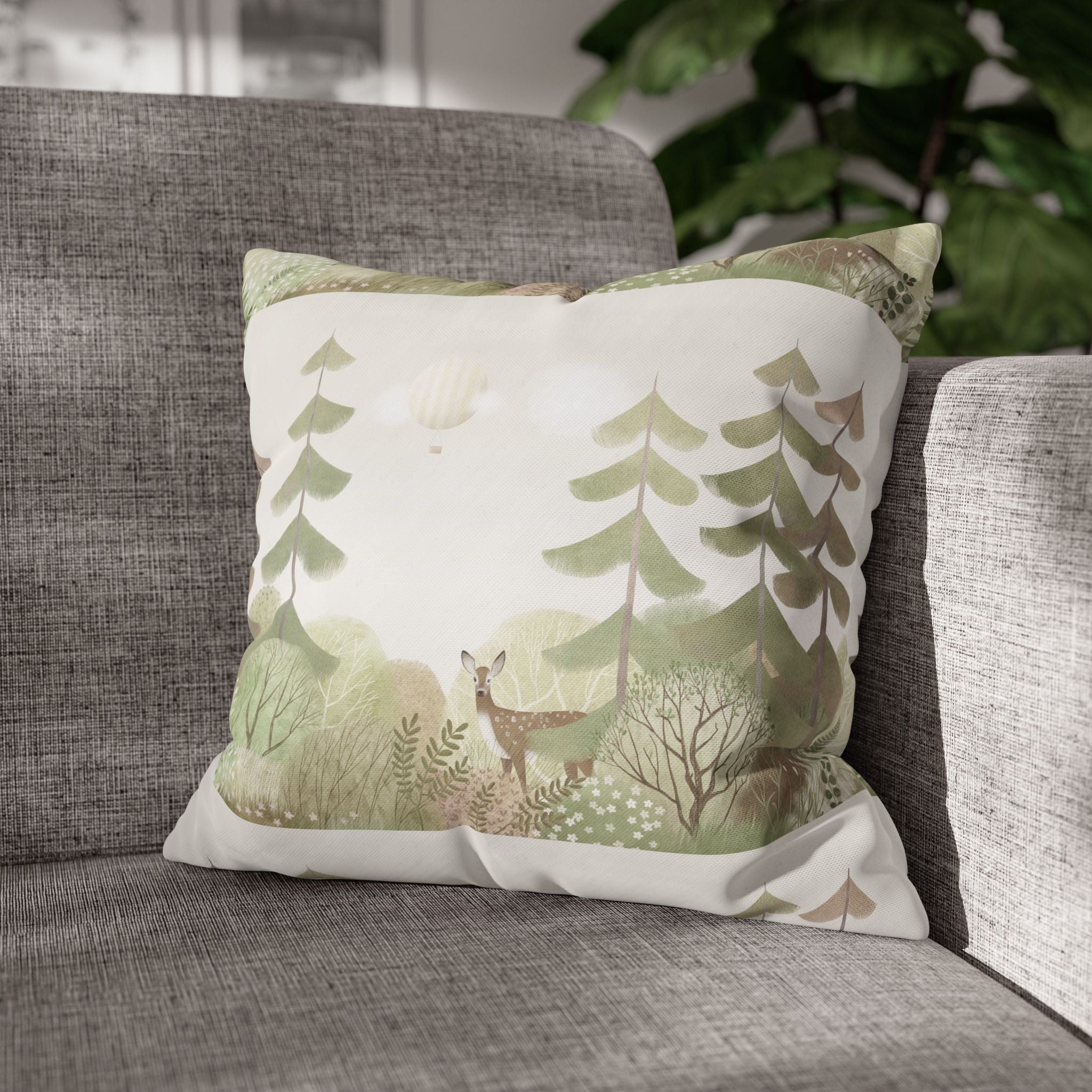 Woodland Deer Square Pillow Cover | Soft Green Forest Decorative Cushion Case for Nursery & Cabin Decor