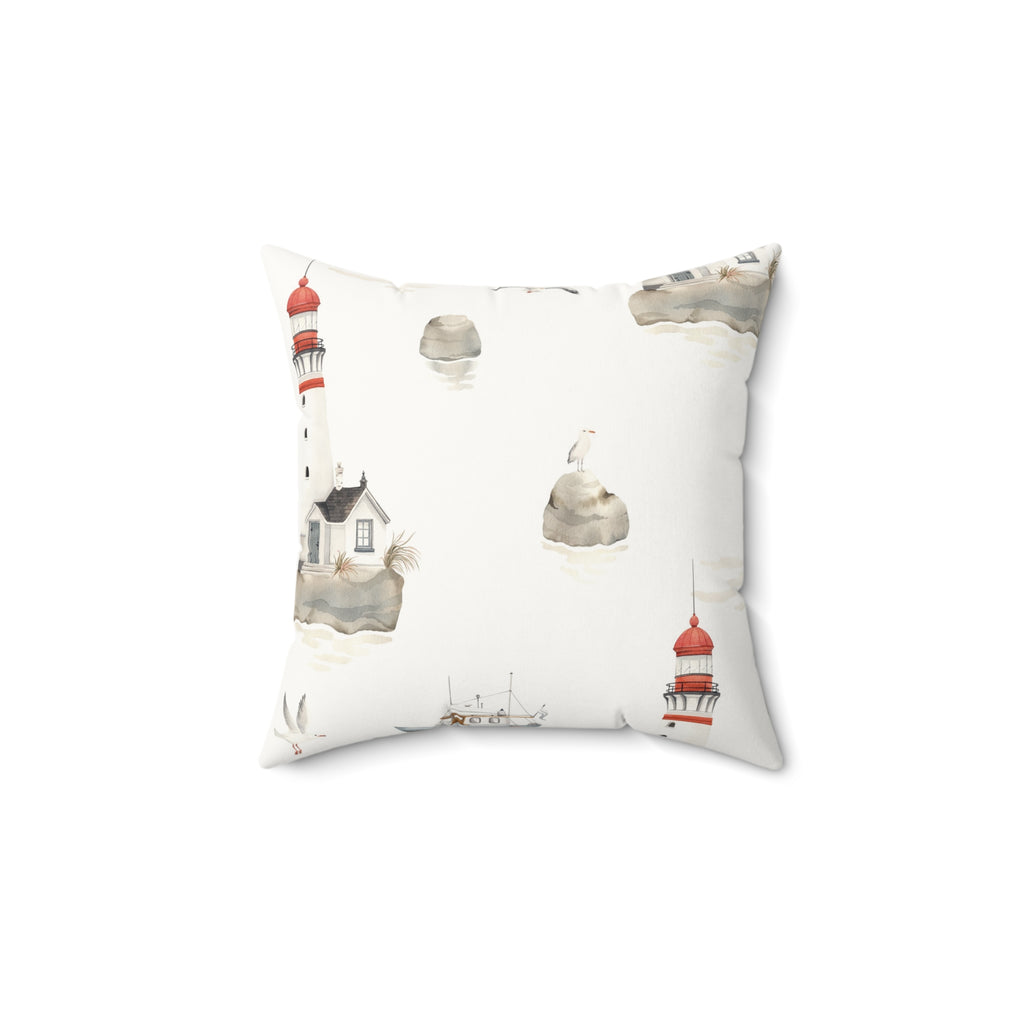 Nautical Lighthouse Faux Suede Pillow | Coastal Harbor Print Square Throw Pillow for Beach House Decor