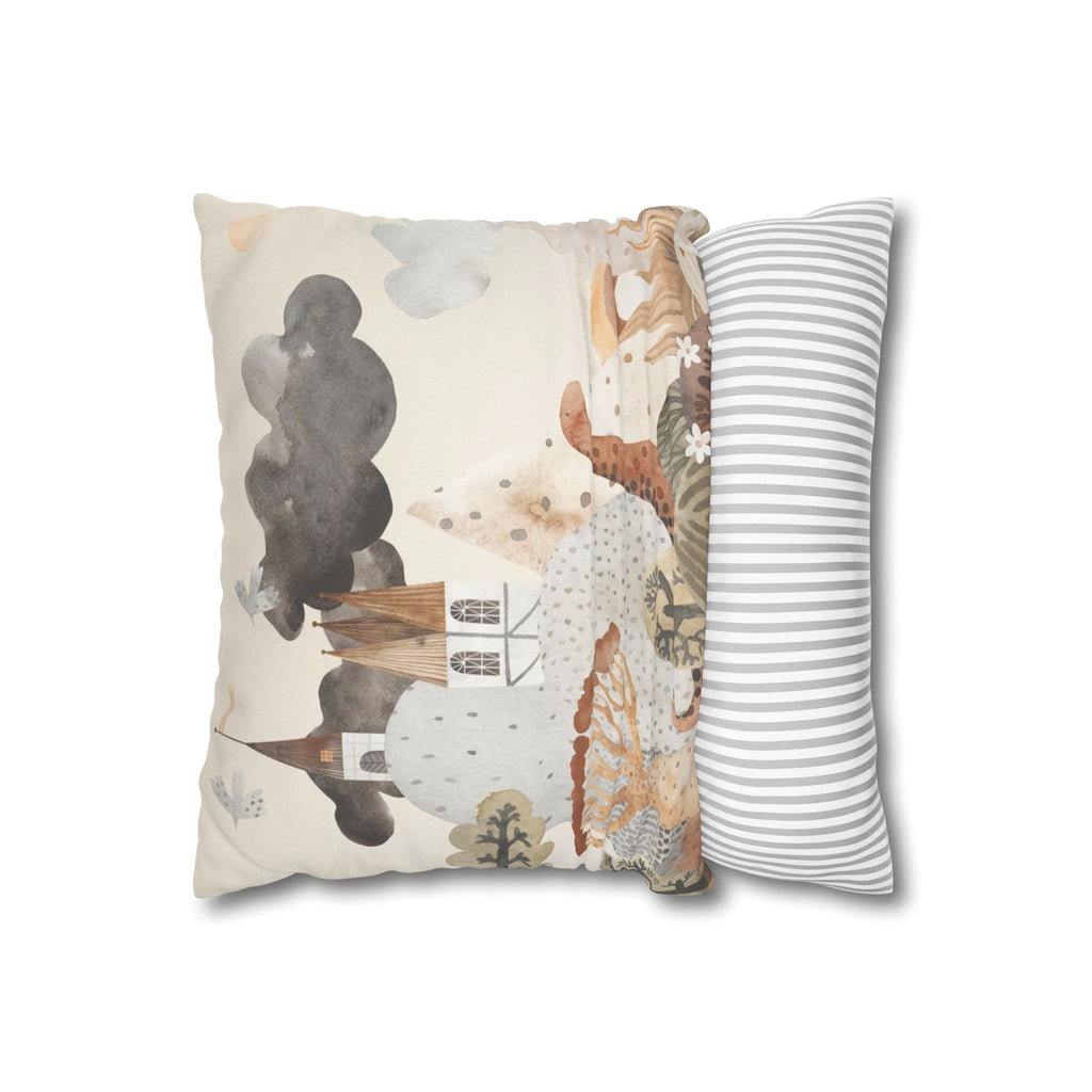 Whimsical Castle Faux Suede Pillow Cover | Neutral Nursery Decorative Throw Pillow for Baby Room & Reading Nook