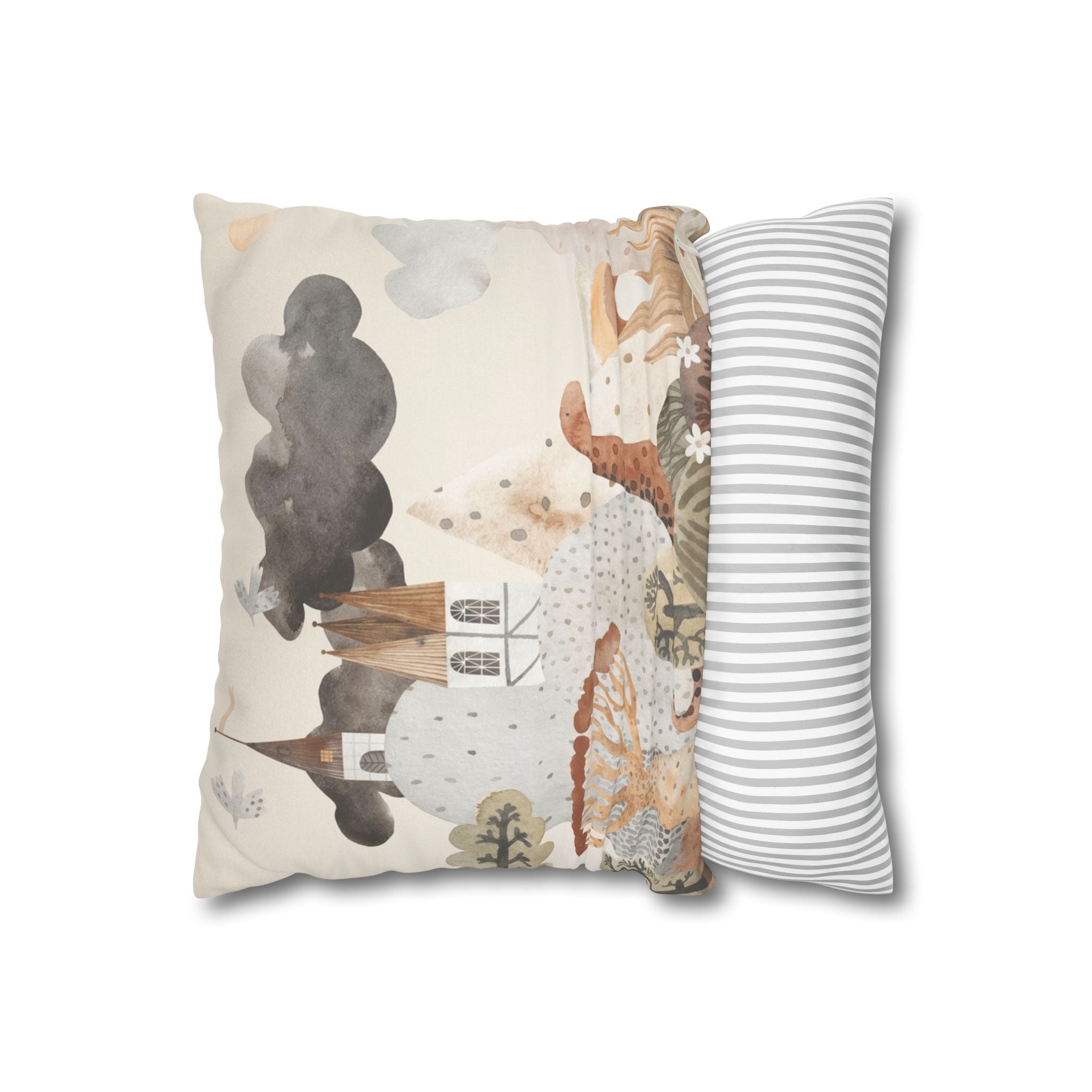 Whimsical Castle Faux Suede Pillow Cover | Neutral Nursery Decorative Throw Pillow for Baby Room & Reading Nook