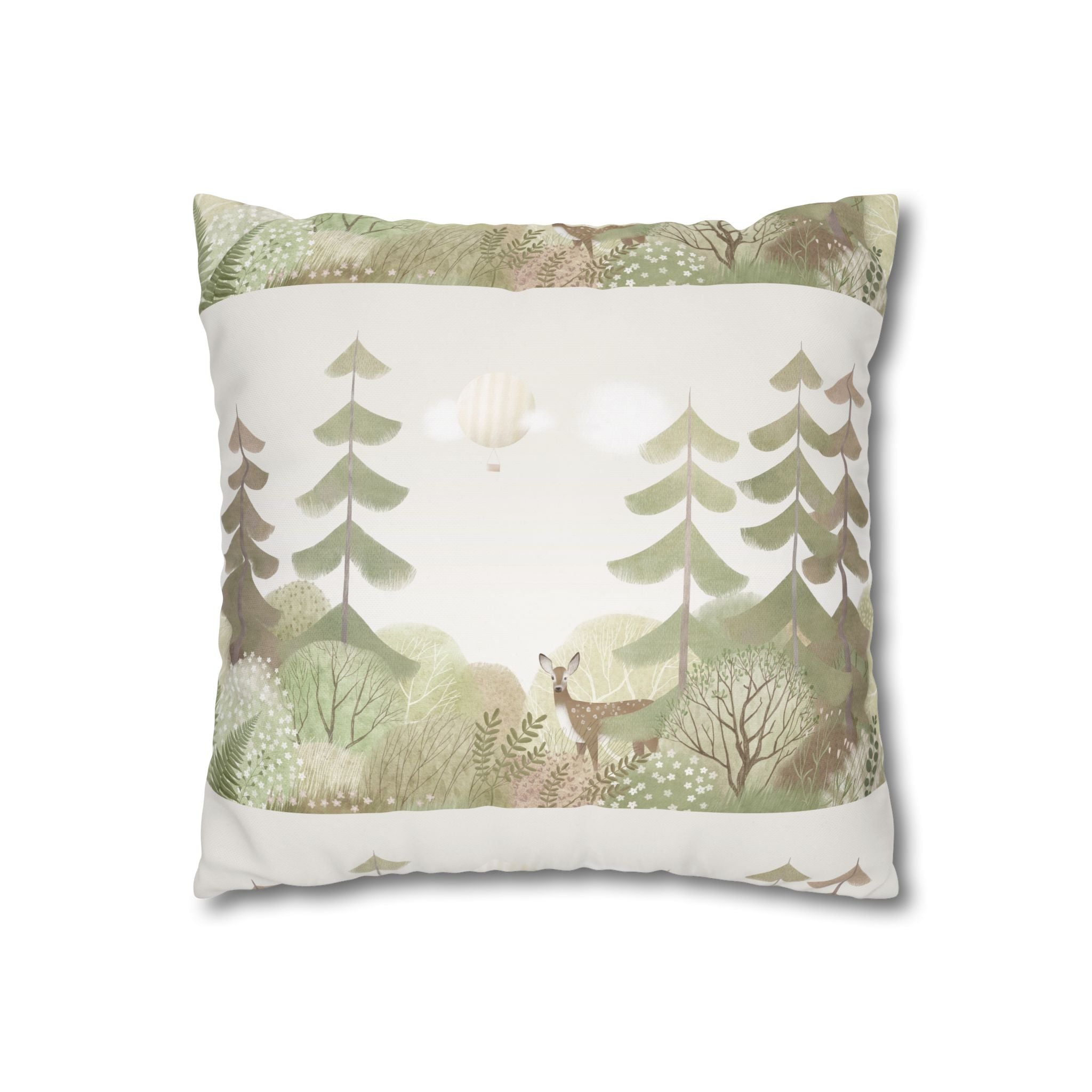 Woodland Deer Square Pillow Cover | Soft Green Forest Decorative Cushion Case for Nursery & Cabin Decor