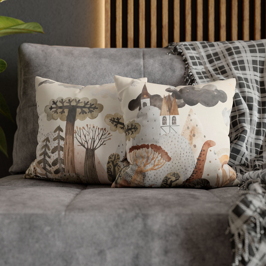 Whimsical Castle Faux Suede Pillow Cover | Neutral Nursery Decorative Throw Pillow for Baby Room & Reading Nook