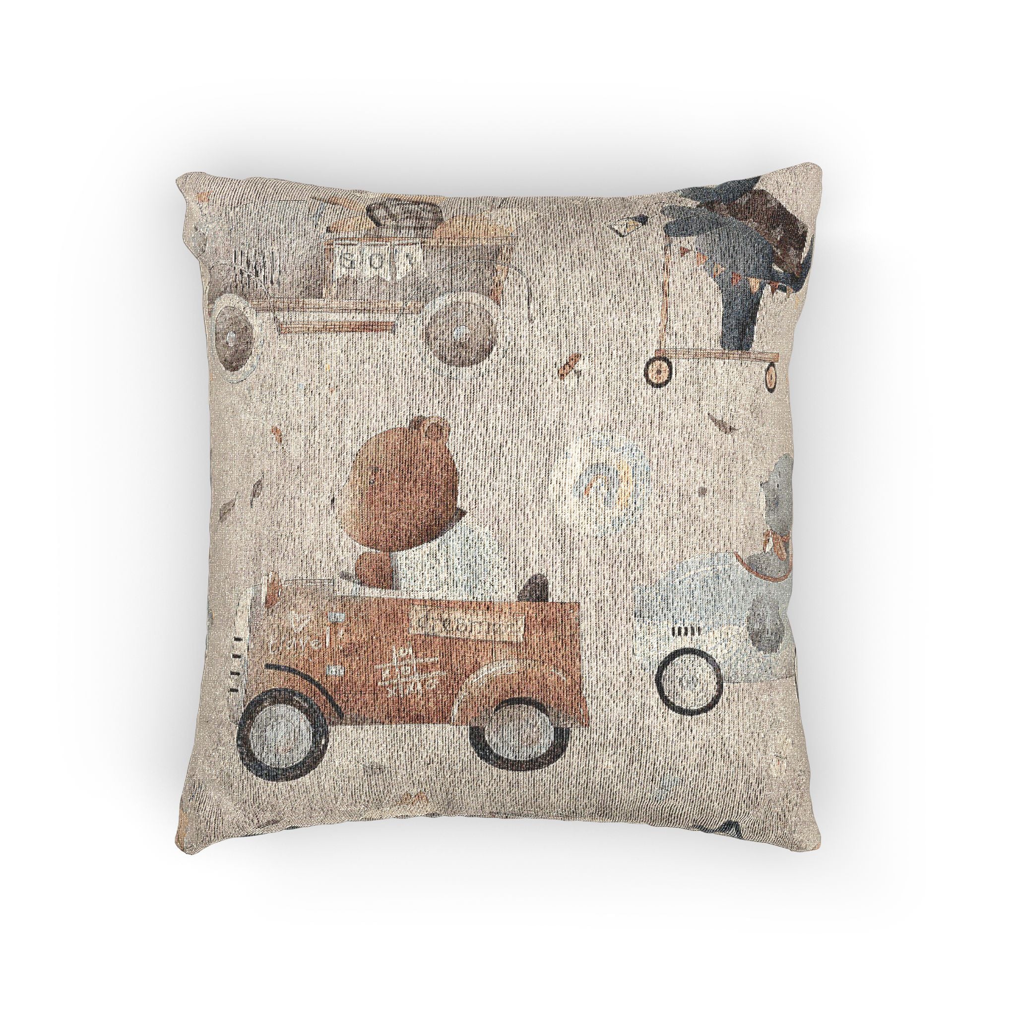 Vintage Toy Cars Woven Pillow | Rustic Kids Nursery Decorative Cushion for Baby Boy Room & Playroom Decor