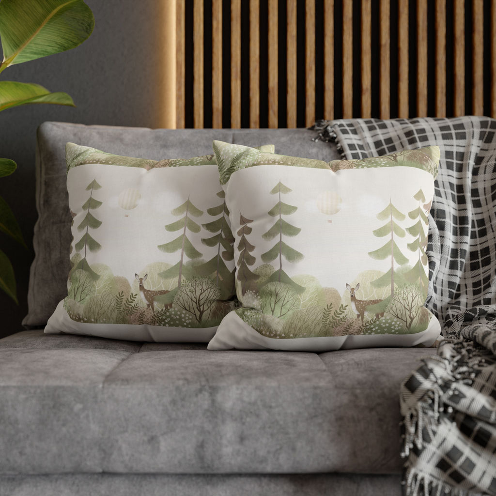 Woodland Deer Square Pillow Cover | Soft Green Forest Decorative Cushion Case for Nursery & Cabin Decor