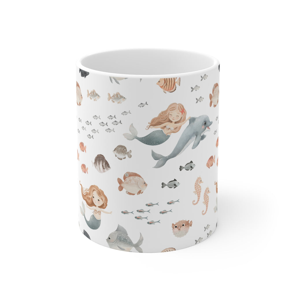 Mermaid & Ocean Friends Ceramic Mug | Cute Underwater Sea Life Coffee Cup 11oz