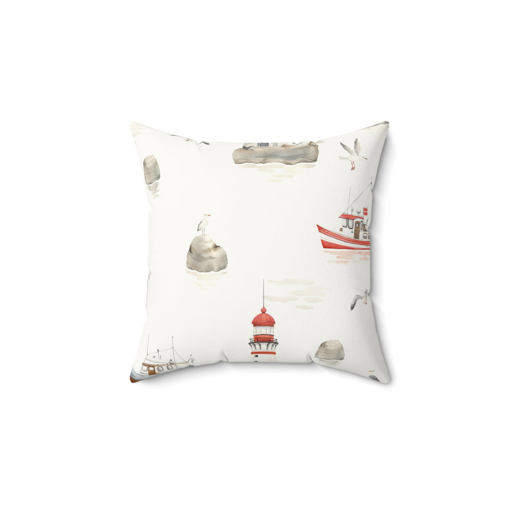 Nautical Lighthouse Faux Suede Pillow | Coastal Harbor Print Square Throw Pillow for Beach House Decor