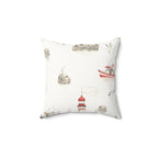 Nautical Lighthouse Faux Suede Pillow | Coastal Harbor Print Square Throw Pillow for Beach House Decor