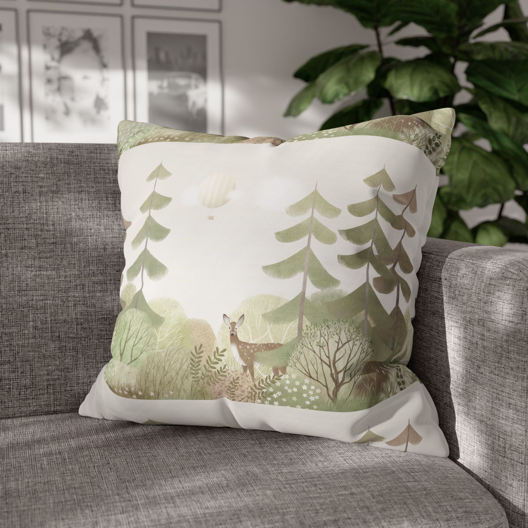 Woodland Deer Square Pillow Cover | Soft Green Forest Decorative Cushion Case for Nursery & Cabin Decor