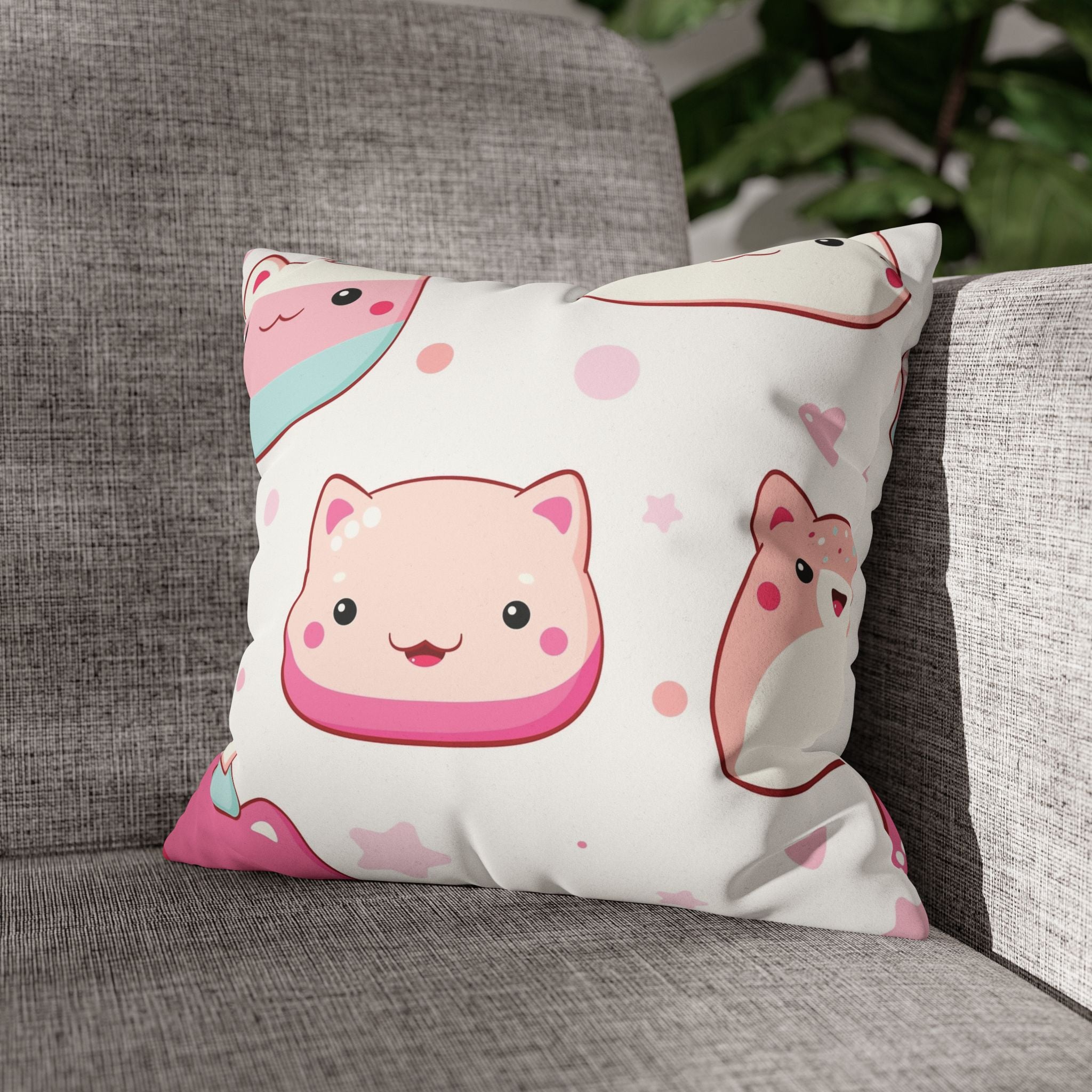 Kawaii Pink Cat & Dessert Faux Suede Pillowcase | Cute Double Sided Throw Pillow Cover for Kids Room and Nursery