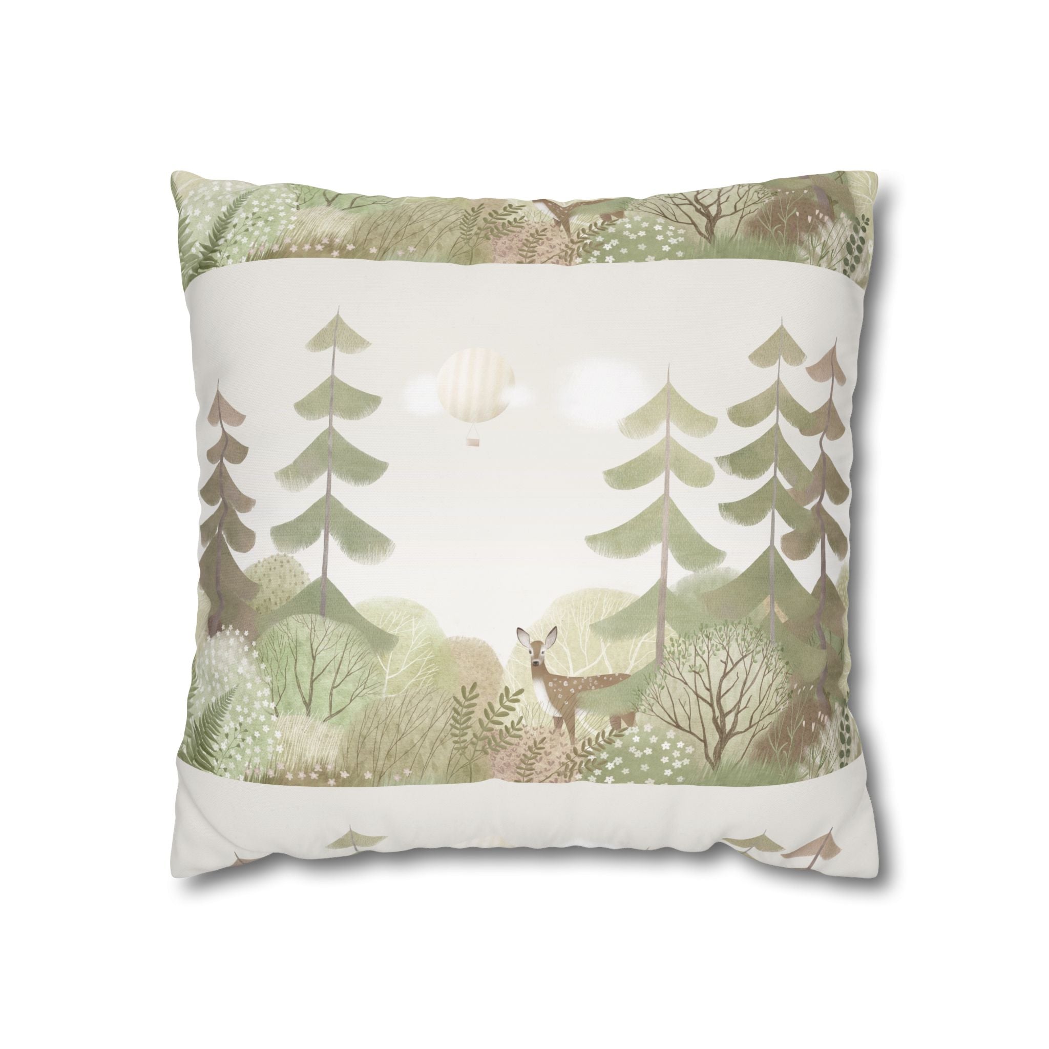 Woodland Deer Square Pillow Cover | Soft Green Forest Decorative Cushion Case for Nursery & Cabin Decor