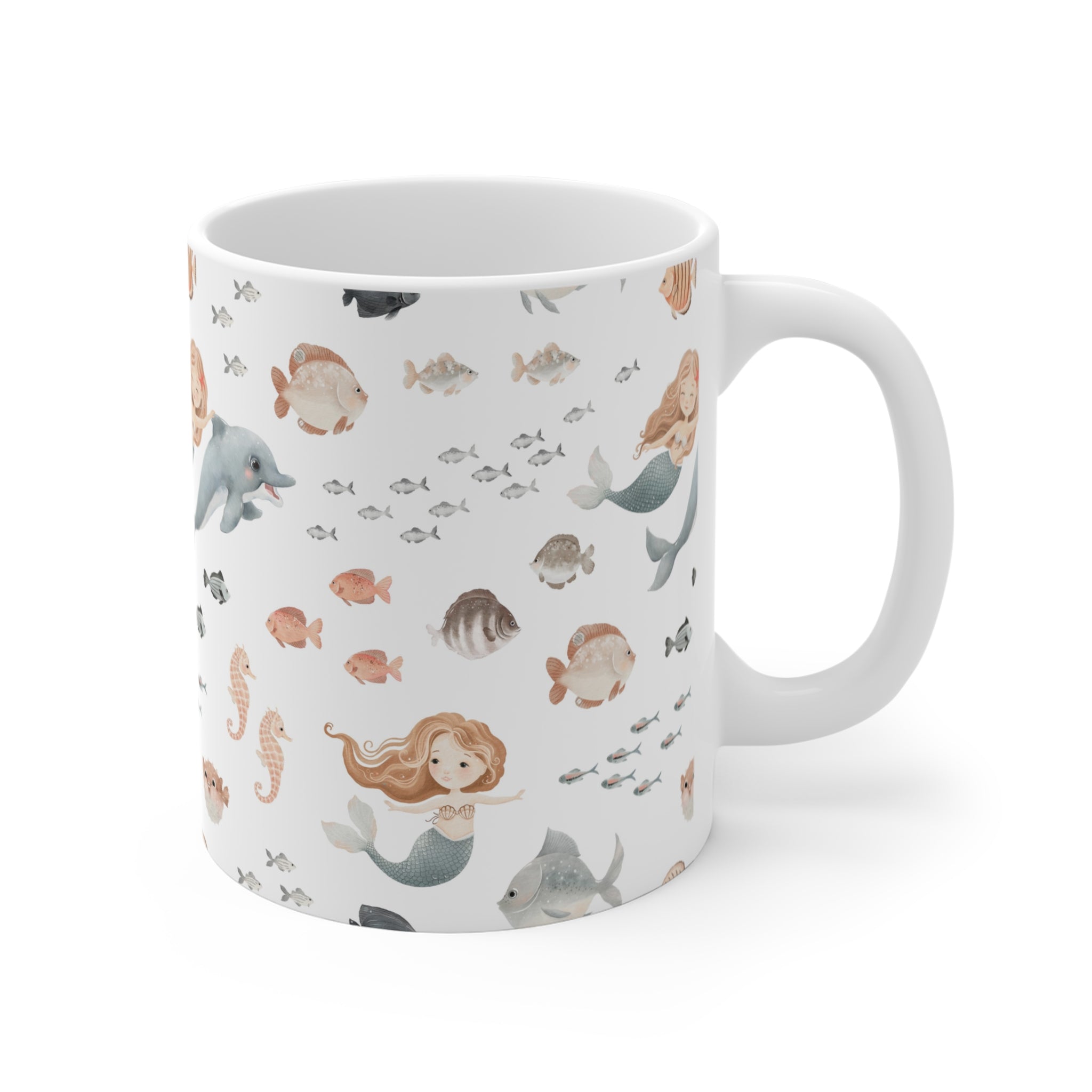 Mermaid & Ocean Friends Ceramic Mug | Cute Underwater Sea Life Coffee Cup 11oz