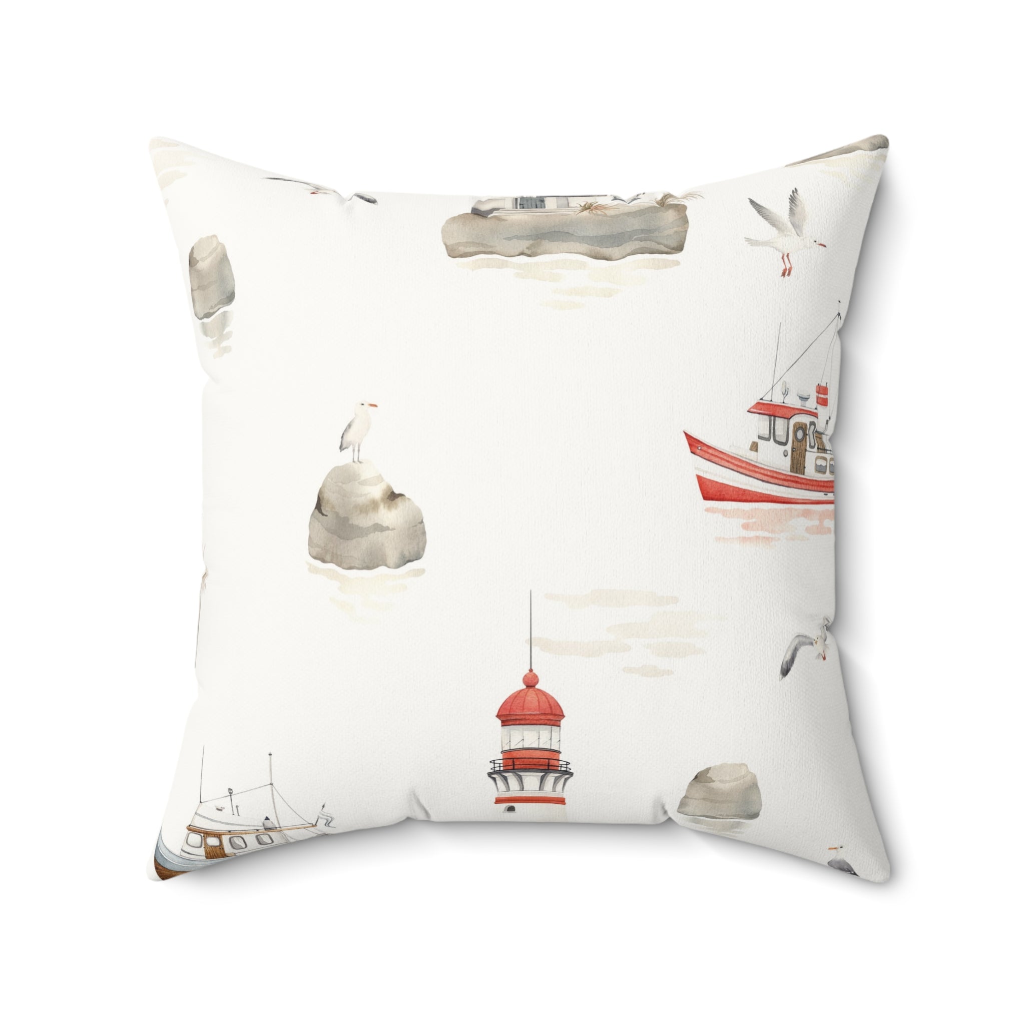 Nautical Lighthouse Faux Suede Pillow | Coastal Harbor Print Square Throw Pillow for Beach House Decor