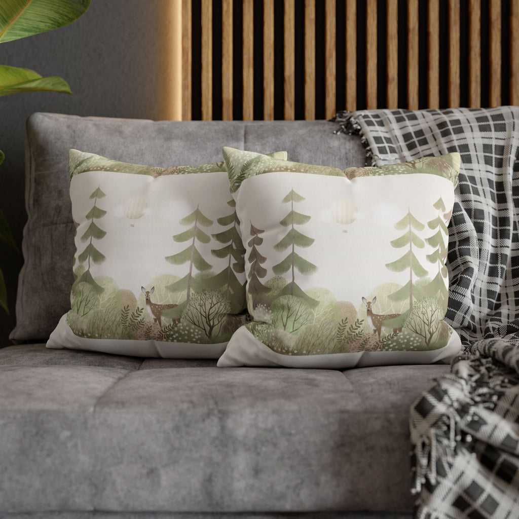 Woodland Deer Square Pillow Cover | Soft Green Forest Decorative Cushion Case for Nursery & Cabin Decor