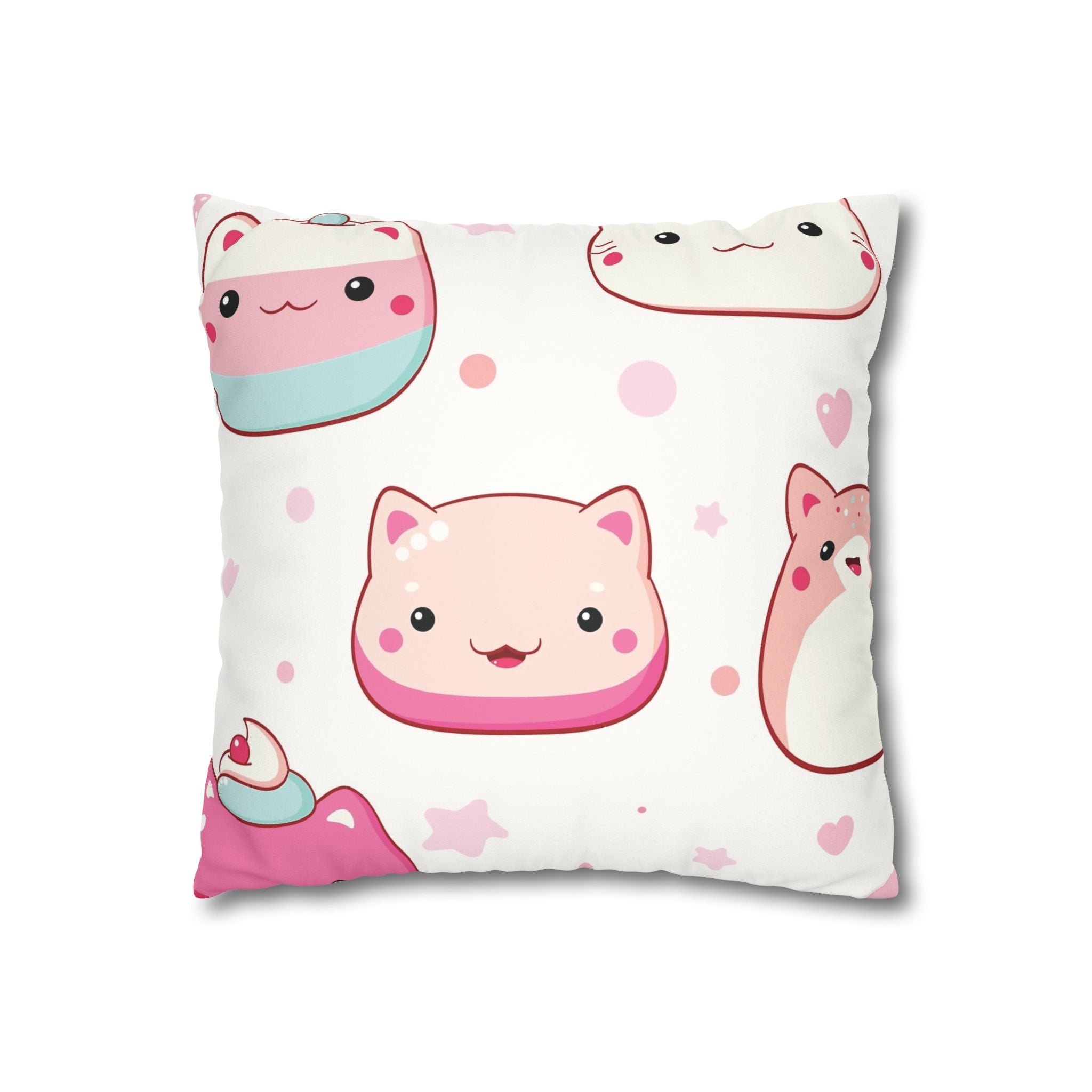 Kawaii Pink Cat & Dessert Faux Suede Pillowcase | Cute Double Sided Throw Pillow Cover for Kids Room and Nursery
