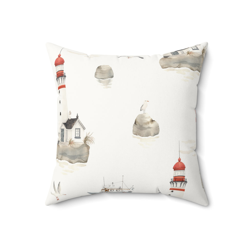 Nautical Lighthouse Faux Suede Pillow | Coastal Harbor Print Square Throw Pillow for Beach House Decor