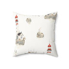 Nautical Lighthouse Faux Suede Pillow | Coastal Harbor Print Square Throw Pillow for Beach House Decor