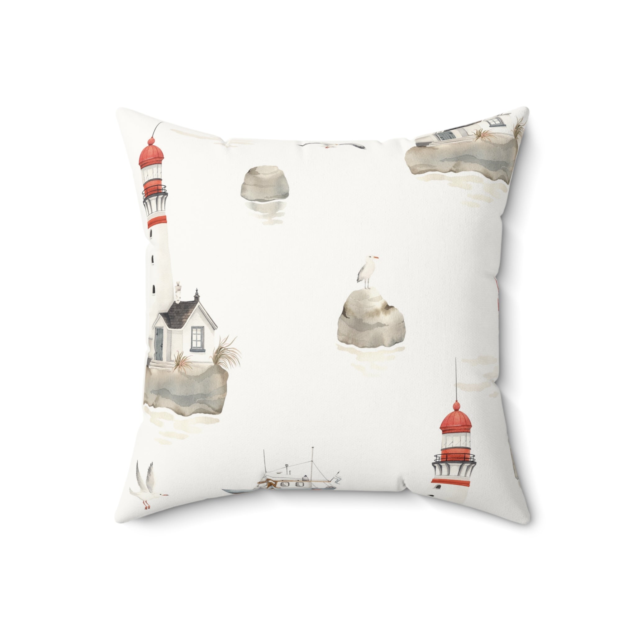 Nautical Lighthouse Faux Suede Pillow | Coastal Harbor Print Square Throw Pillow for Beach House Decor