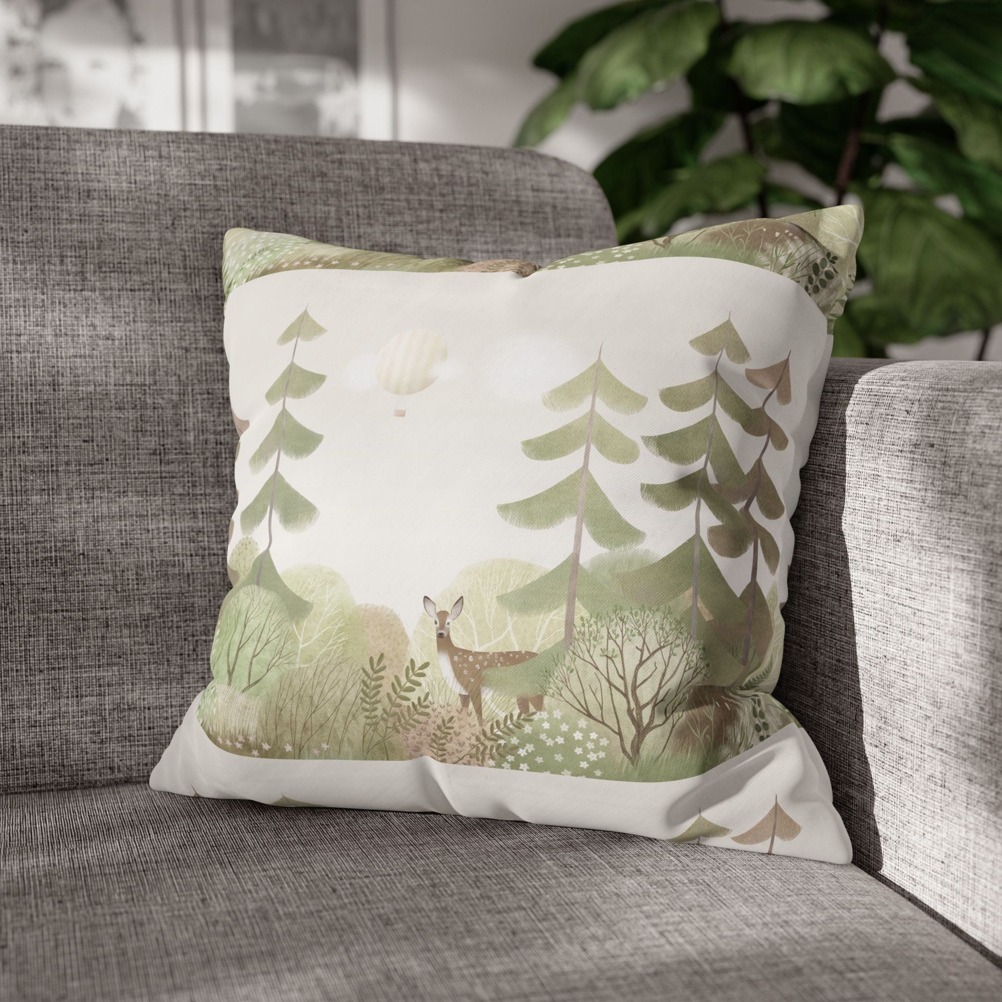 Woodland Deer Square Pillow Cover | Soft Green Forest Decorative Cushion Case for Nursery & Cabin Decor