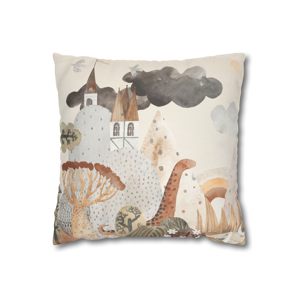 Whimsical Castle Faux Suede Pillow Cover | Neutral Nursery Decorative Throw Pillow for Baby Room & Reading Nook