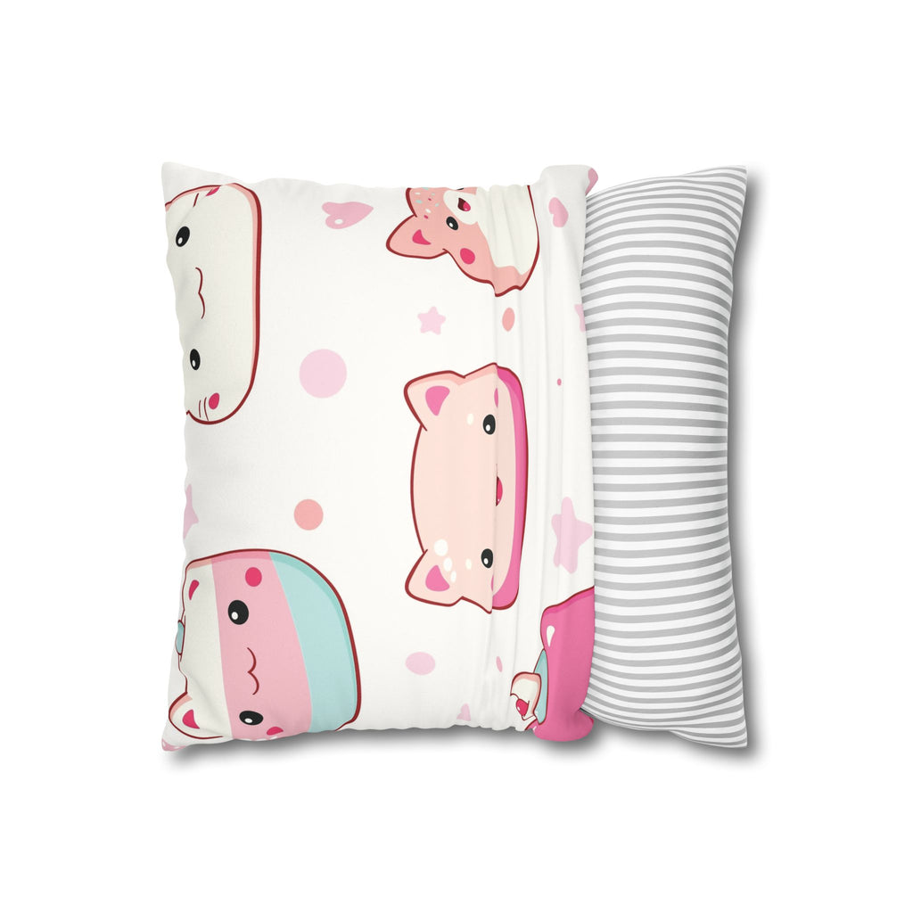 Kawaii Pink Cat & Dessert Faux Suede Pillowcase | Cute Double Sided Throw Pillow Cover for Kids Room and Nursery