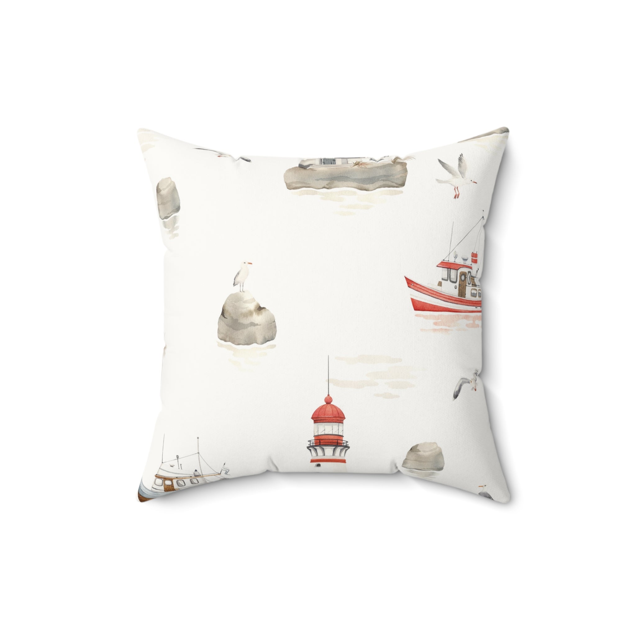 Nautical Lighthouse Faux Suede Pillow | Coastal Harbor Print Square Throw Pillow for Beach House Decor