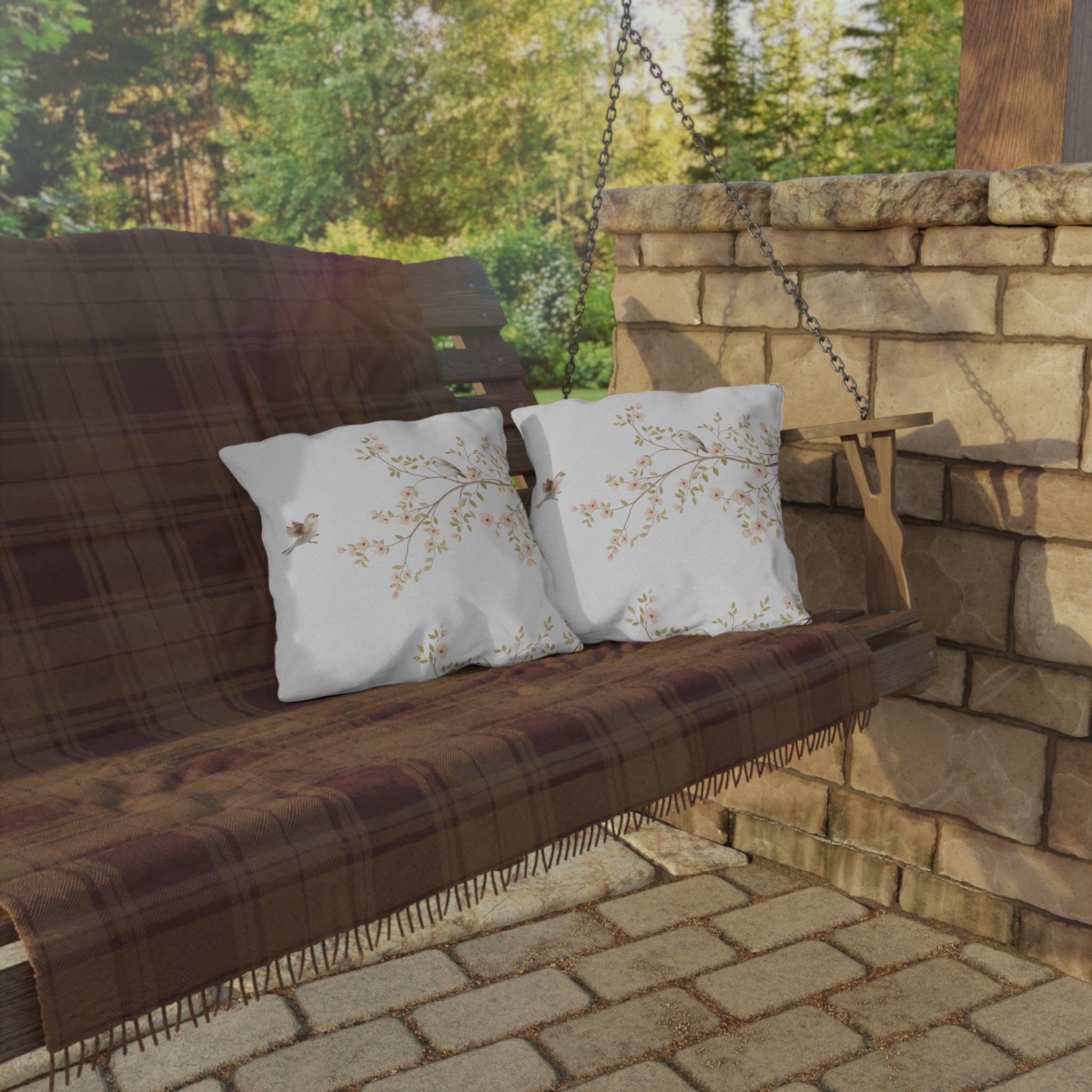 Floral Songbirds Outdoor Pillow | Water Resistant Garden Accent Cushion for Patio, Porch & Cottage Decor