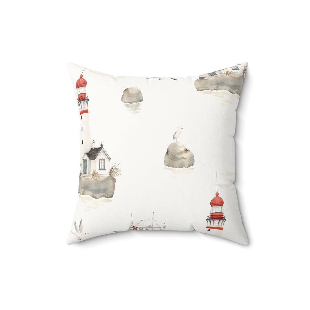 Nautical Lighthouse Faux Suede Pillow | Coastal Harbor Print Square Throw Pillow for Beach House Decor