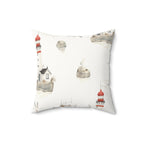 Nautical Lighthouse Faux Suede Pillow | Coastal Harbor Print Square Throw Pillow for Beach House Decor