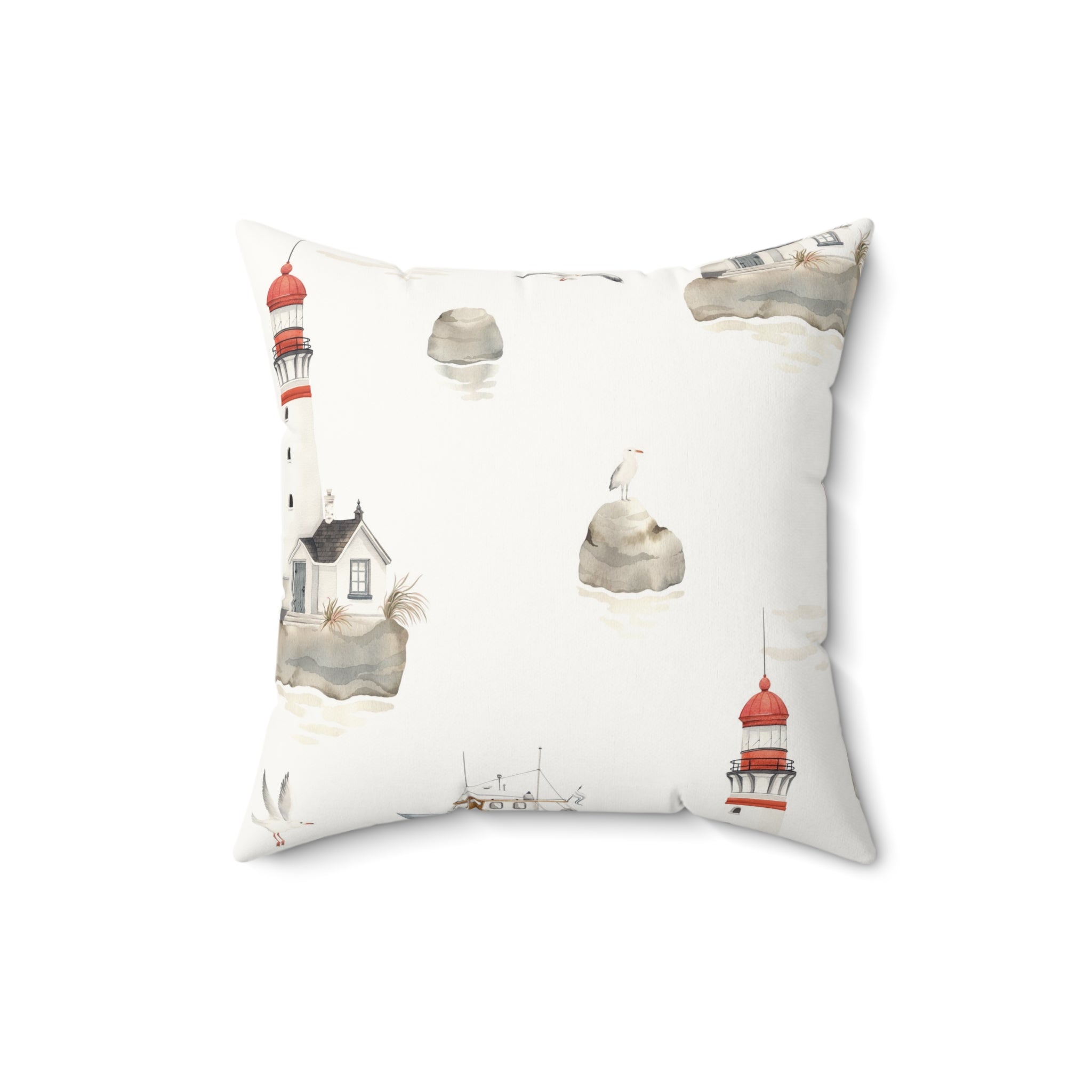 Nautical Lighthouse Faux Suede Pillow | Coastal Harbor Print Square Throw Pillow for Beach House Decor