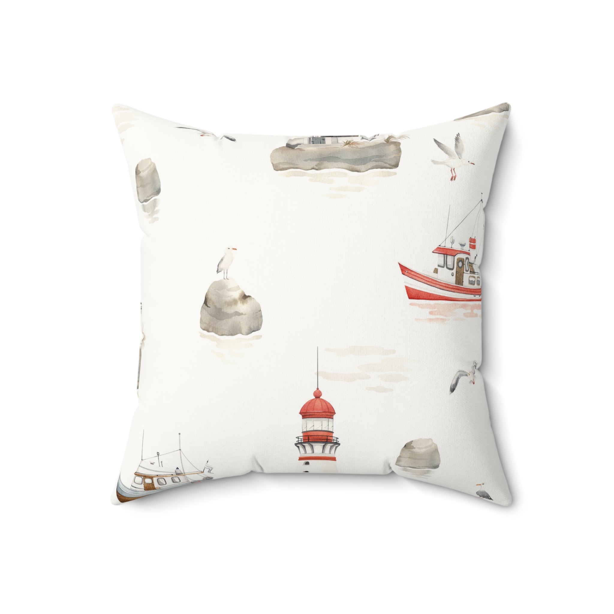 Nautical Lighthouse Faux Suede Pillow | Coastal Harbor Print Square Throw Pillow for Beach House Decor