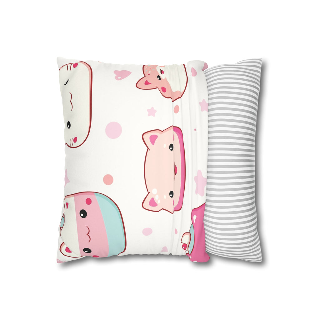 Kawaii Pink Cat & Dessert Faux Suede Pillowcase | Cute Double Sided Throw Pillow Cover for Kids Room and Nursery