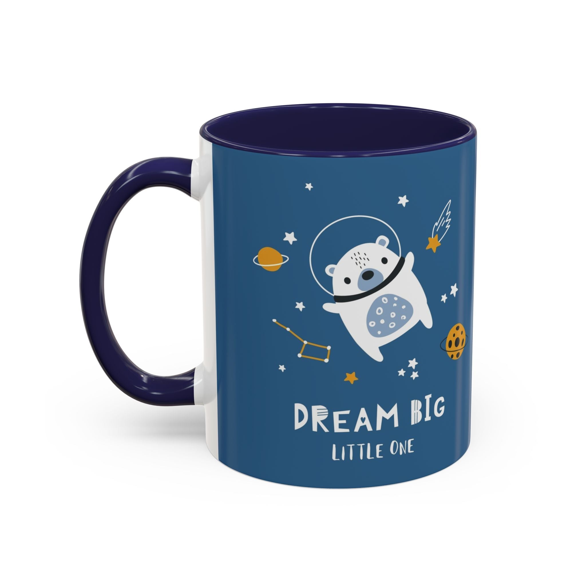 Space Bear Accent Coffee Mug | Cute Astronaut Teddy Cup with Dream Big Quote | 11oz 15oz Ceramic Gift