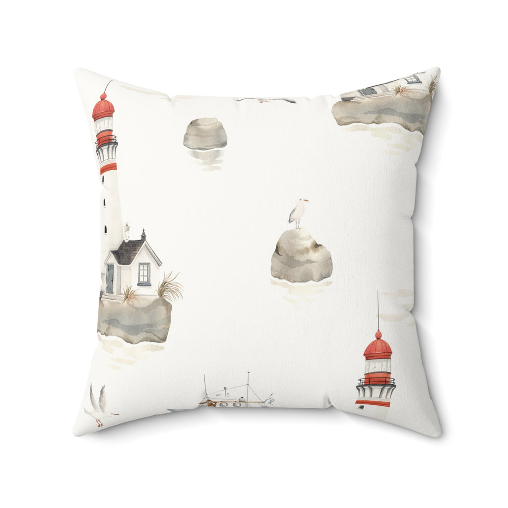Nautical Lighthouse Faux Suede Pillow | Coastal Harbor Print Square Throw Pillow for Beach House Decor