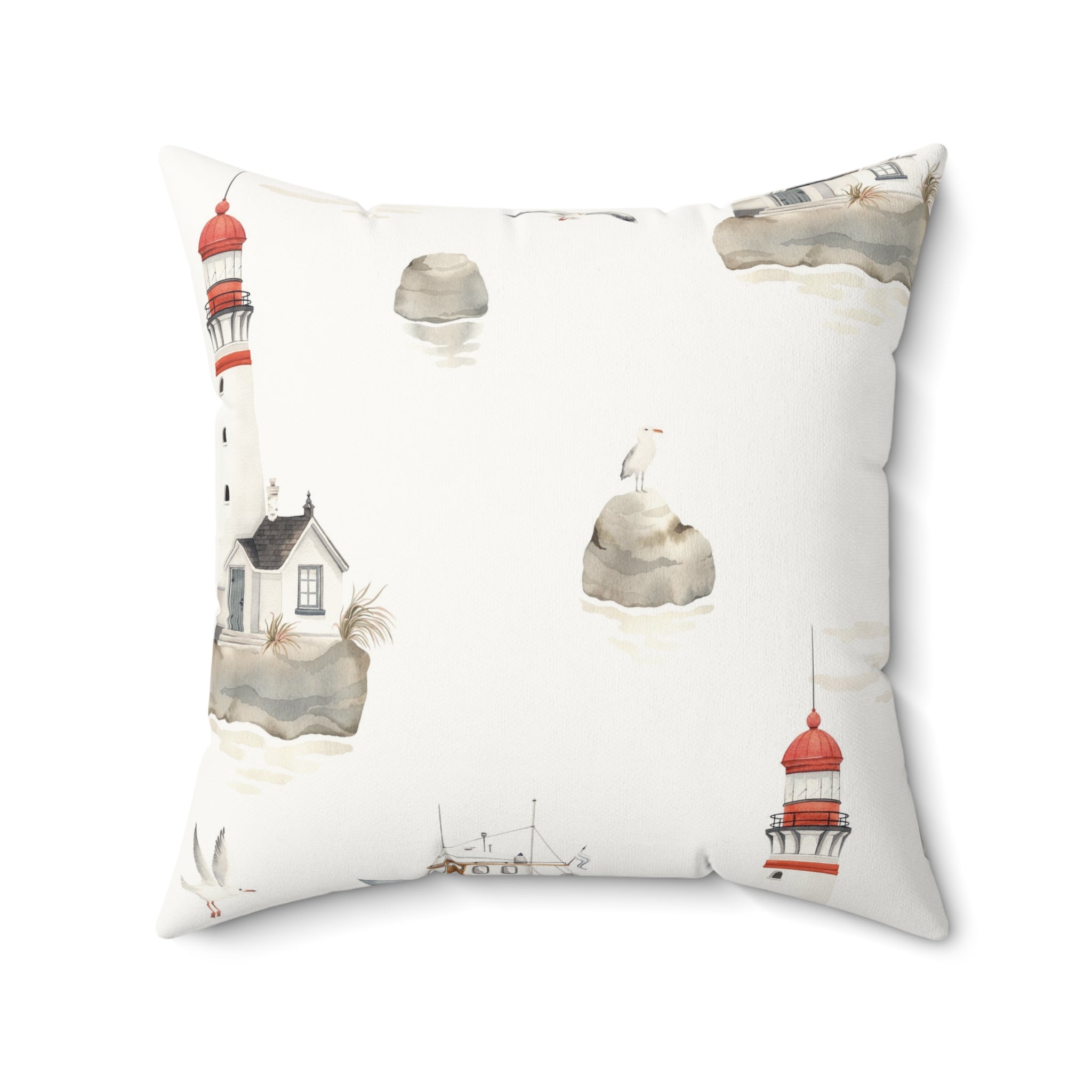 Nautical Lighthouse Faux Suede Pillow | Coastal Harbor Print Square Throw Pillow for Beach House Decor